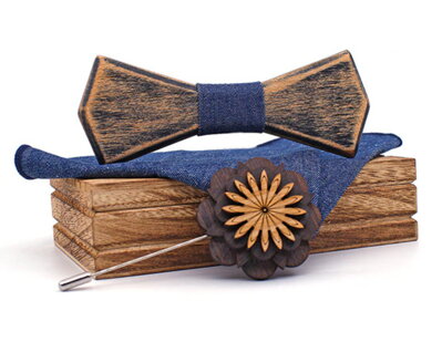 Wooden bow tie with handkerchiefs and wooden brooch Gaira 709223