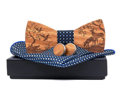 Wooden bow tie with handkerchiefs and cufflinks Gaira 709227