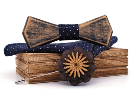 Wooden bow tie with handkerchiefs and wooden brooch Gaira 709220