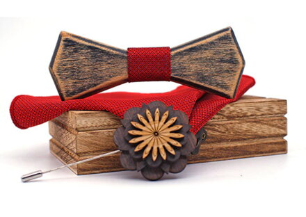 Wooden bow tie with handkerchiefs and wooden brooch Gaira 709222