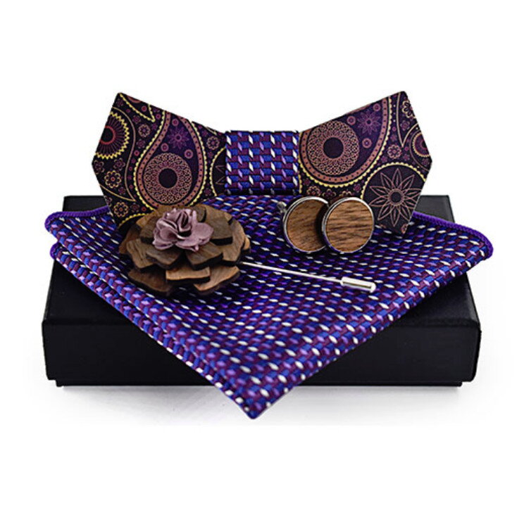 Wooden bow tie with handkerchiefs and cufflinks Gaira 709088