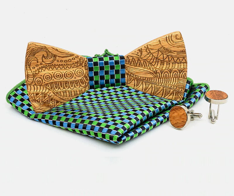 Wooden bow tie with handkerchiefs and cufflinks Gaira 709205